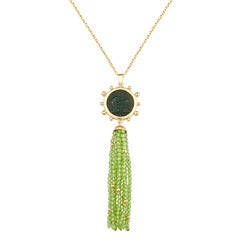 Dubini Ancient Capitoline-Wolf Bronze Coin Green Agate Tassel 18K Gold Necklace