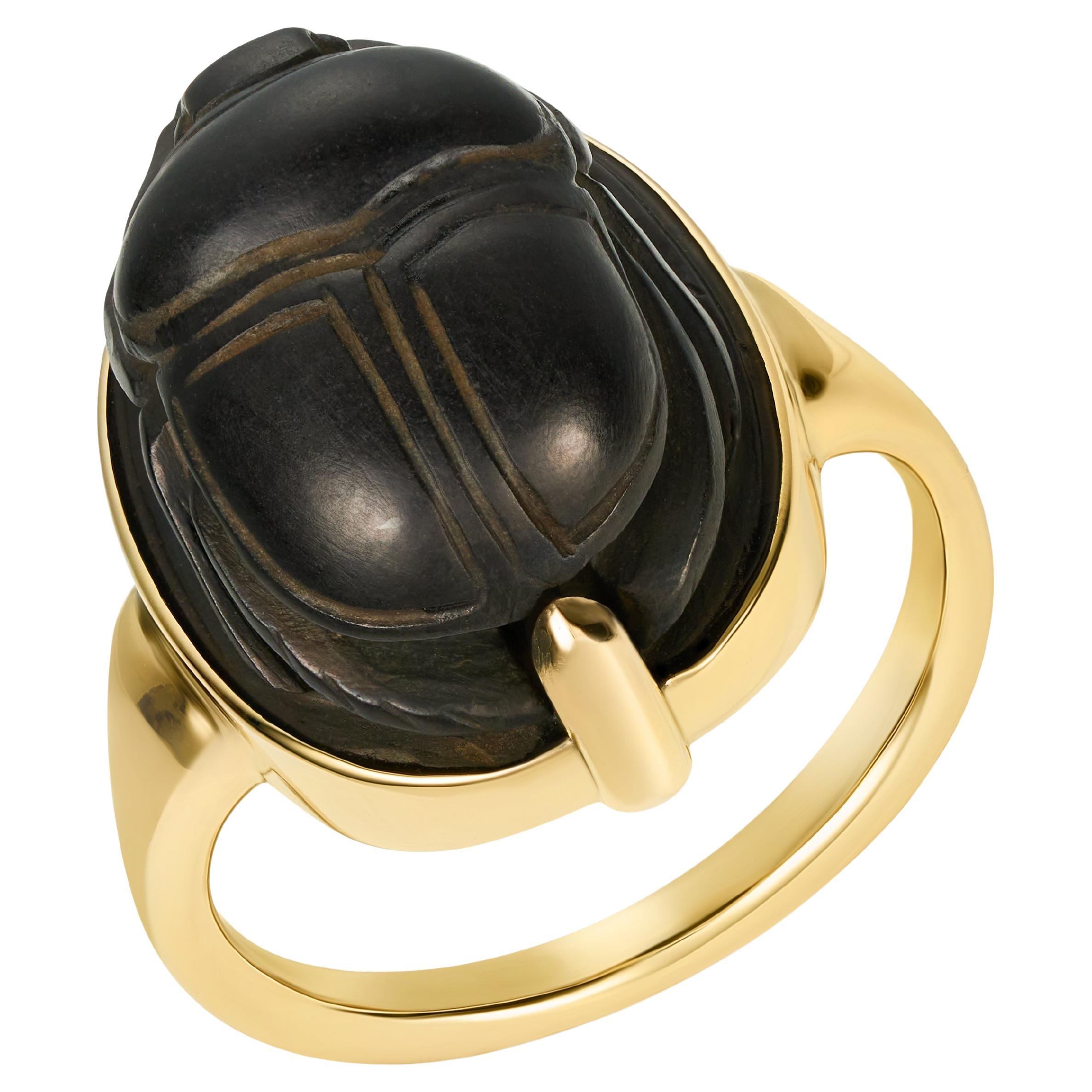 Dubini Ancient Egyptian Scarab Black Stone 18 Karat Yellow Gold Ring For Sale