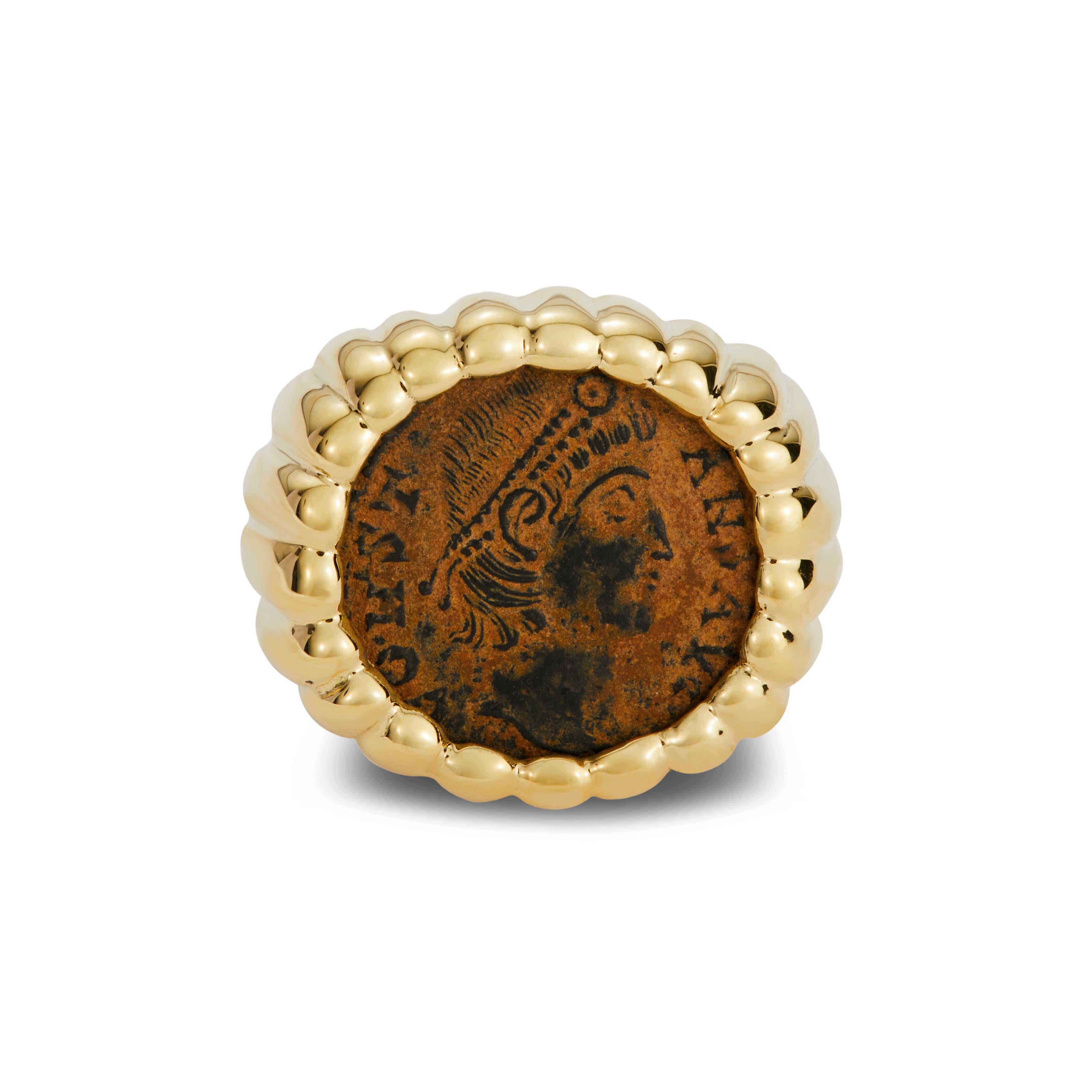 For Sale:  Dubini Ancient Roman Bronze Coin 18 Karat Yellow Gold Signet Ring 2