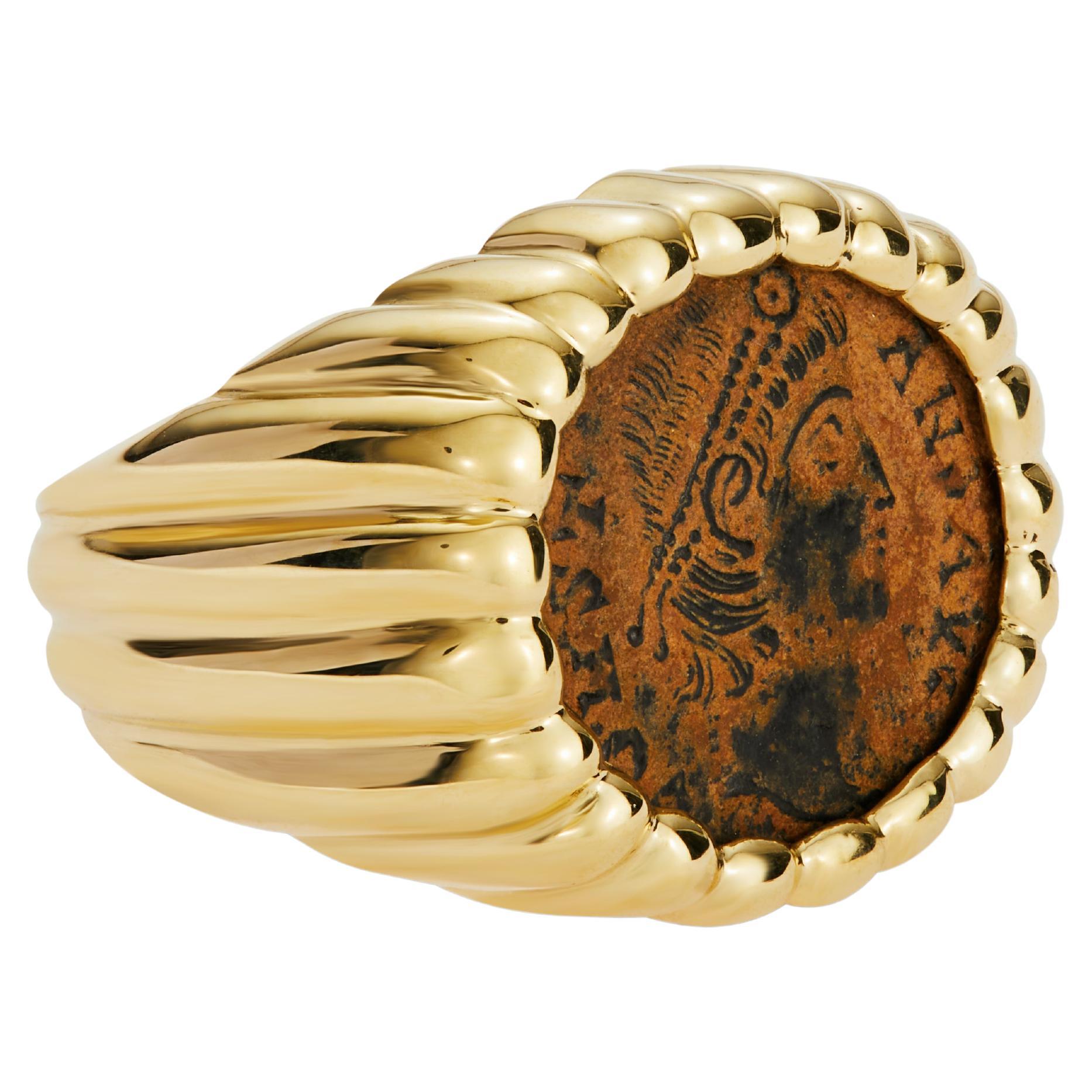 Dubini Ancient Roman Bronze Coin 18 Karat Yellow Gold Signet Ring