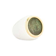 Dubini Ancient Roman Imperial Bronze Coin 18K Yellow Gold White Agate Ring