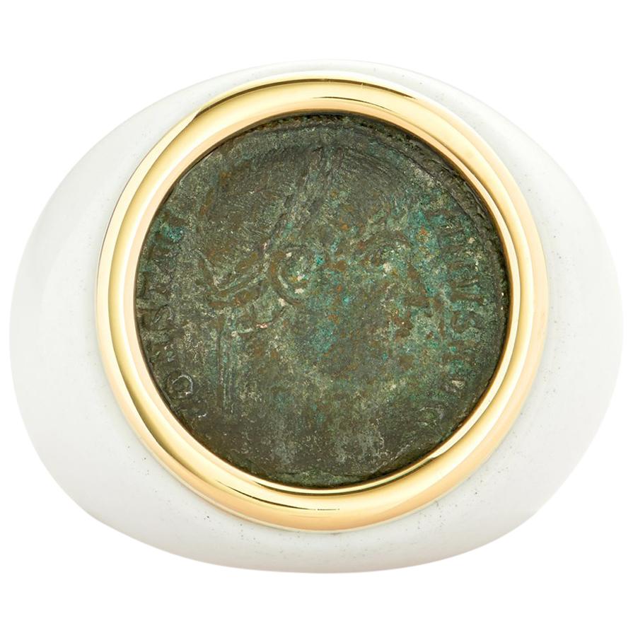 Dubini Anillo de Ágata Blanca de Oro Amarillo de 18 quilates de la Antigua Moneda Romana Imperial de Bronce