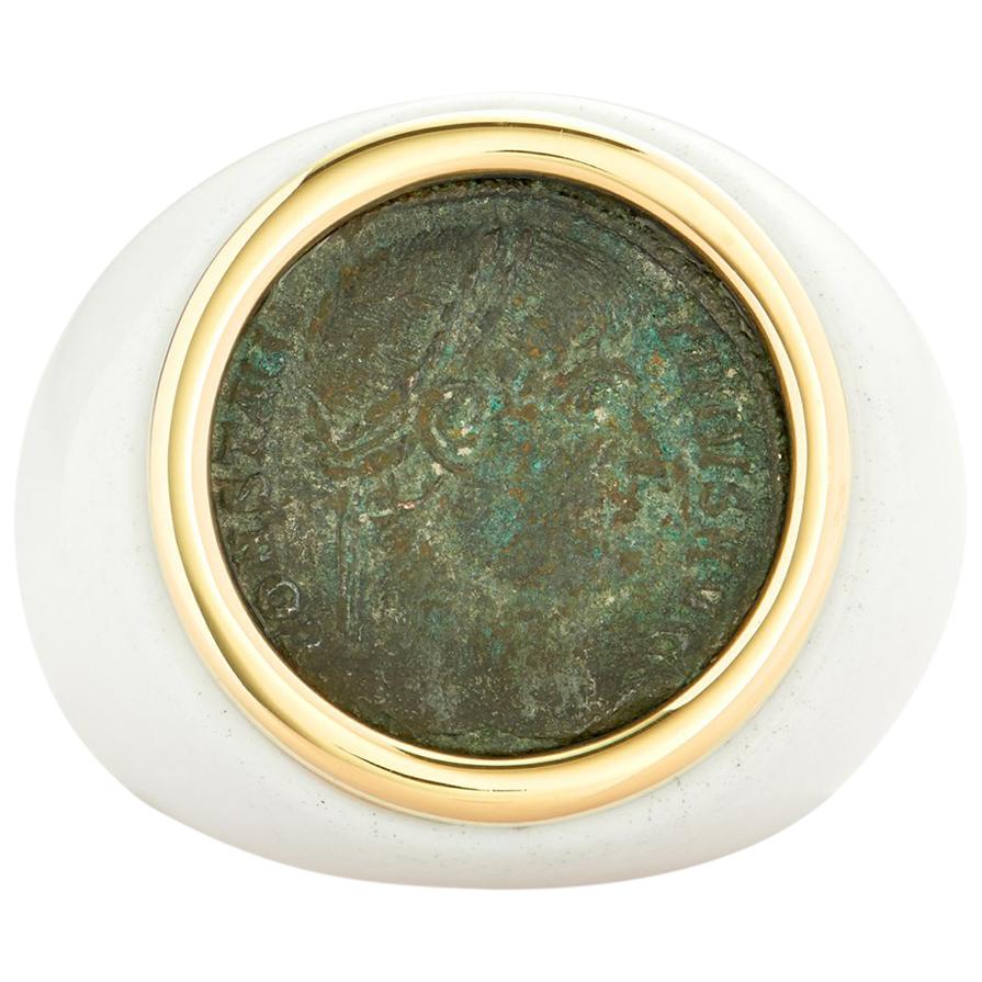 Dubini Ancient Roman Imperial Bronze Coin 18K Yellow Gold White Agate Ring