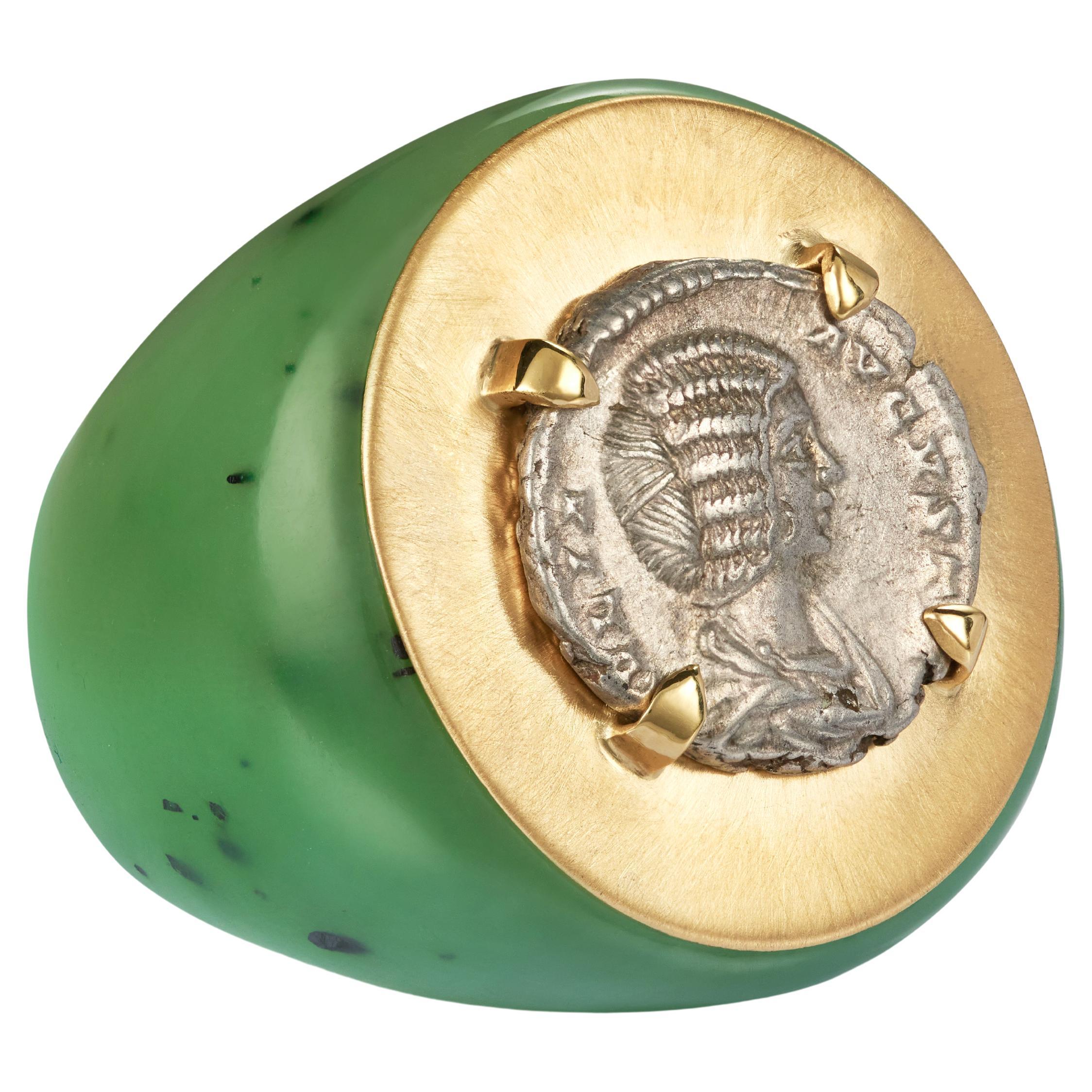 Dubini Ancient Roman Imperial Silver Coin 18 Karat Gold Apple Jade Ring For Sale