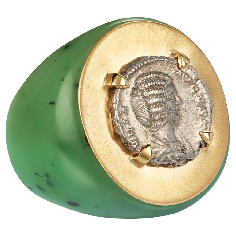 Ancient Imperial Roman Silver Coin, 18-Karat Gold and Apple Jade Ring, 2024