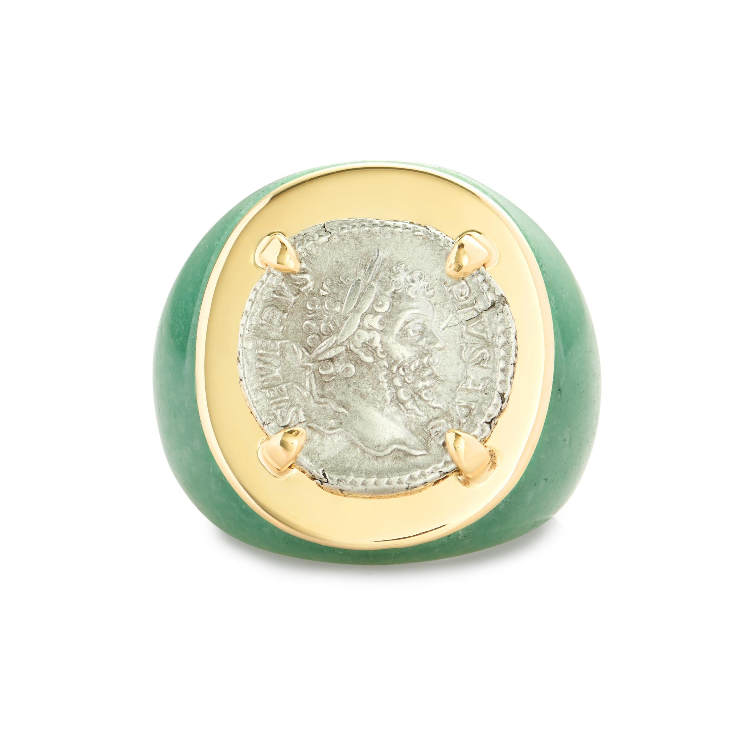 This DUBINI coin ring from the 'Empires' collection features a one-of-a-kind authentic roman silver denarius coin minted circa 210-211 A.D. set in 18kt yellow gold and aventurine base ring.

* Due to the unique process of hand carving coins in
