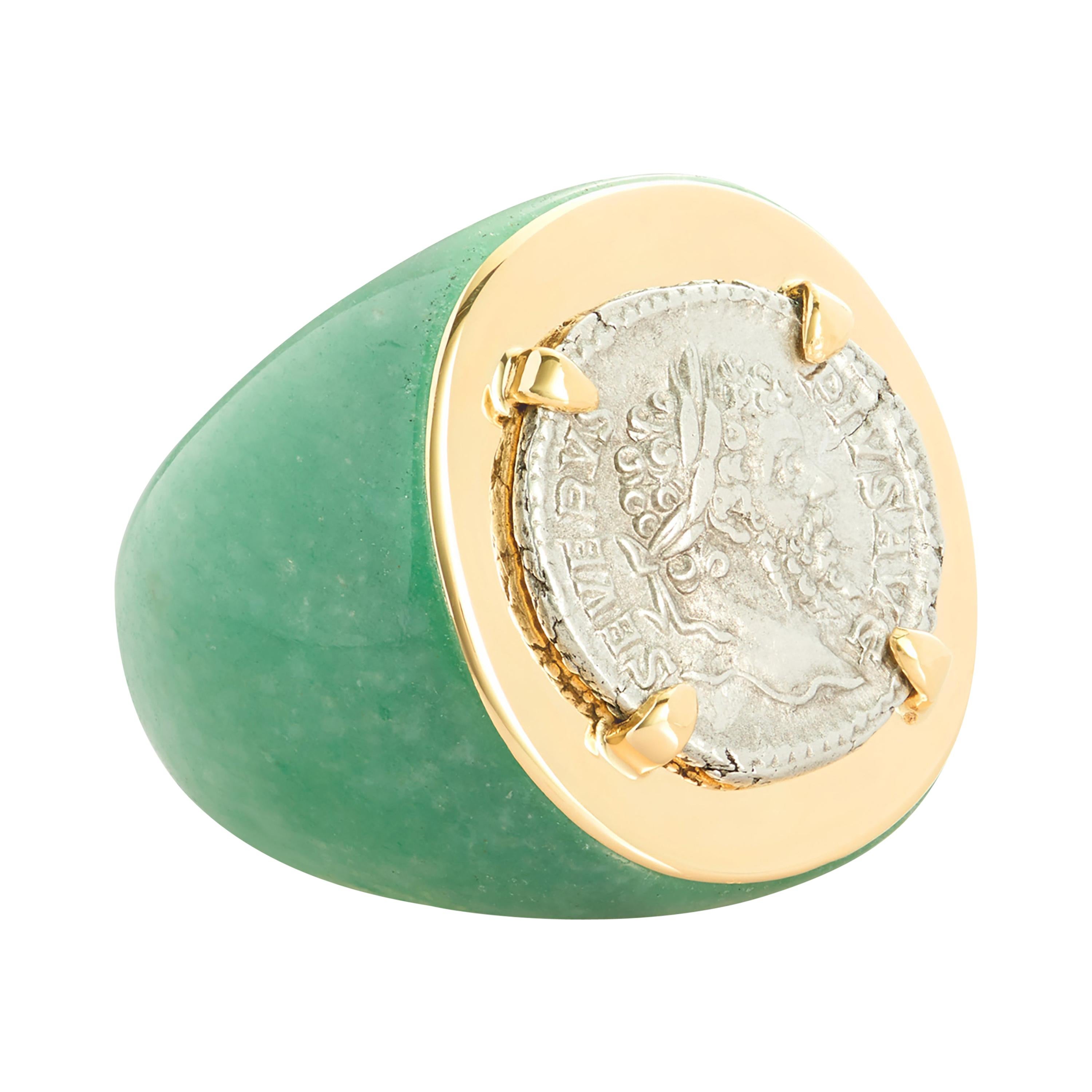 Dubini Ancient Roman Imperial Silver Coin 18 Karat Gold Aventurine Ring For Sale