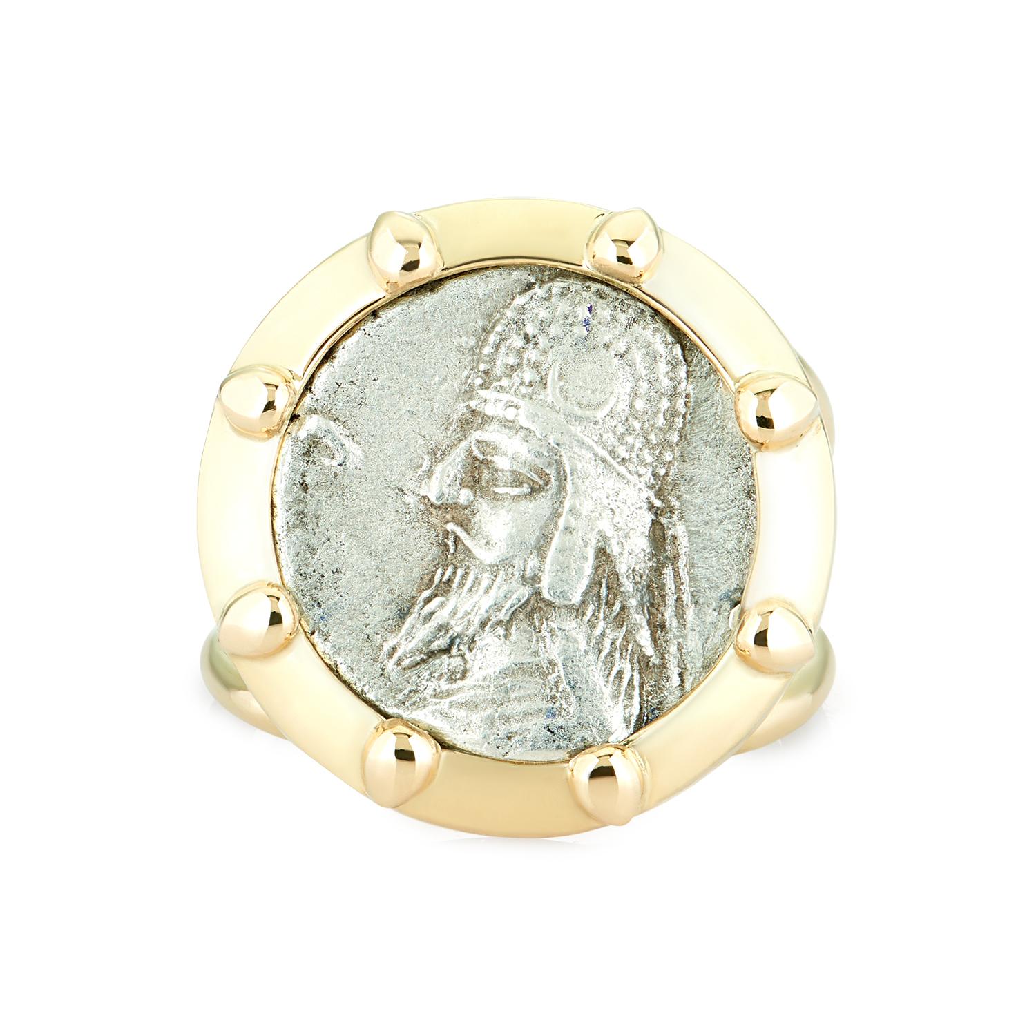 This unique DUBINI coin ring from the 'Empires' collection features an authentic silver persian coin minted circa 123-88 B.C. set in 18kt yellow gold.

This ring may be ordered with a lead time of 4-5 weeks.

*Due to the unique process of hand