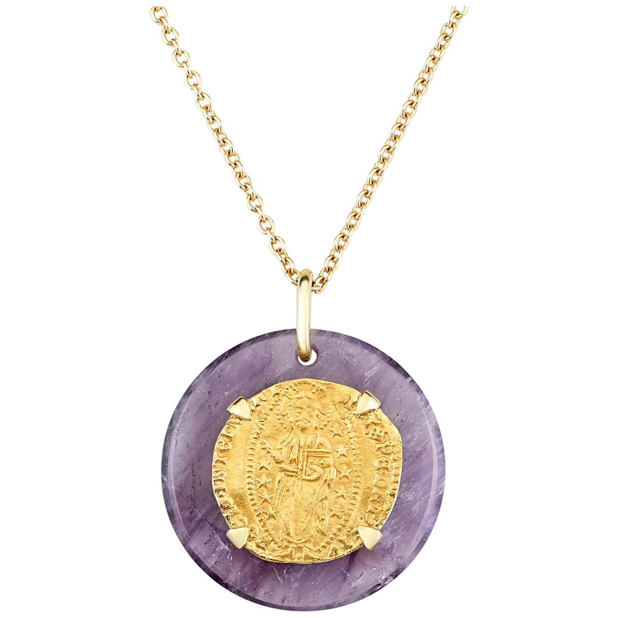 Dubini Ancient Venetian Ducat Coin Amethyst Medallion 18K Yellow Gold Necklace For Sale