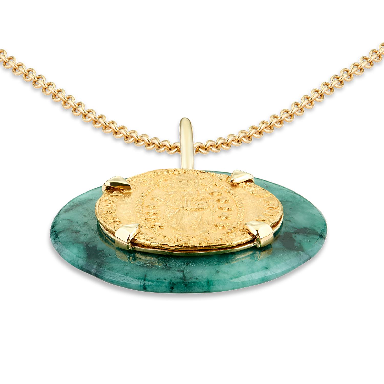 This DUBINI coin necklace from the 'Empires' collection features an authentic Venetian gold ducat coin (LXII Doge 1382-1400) set in 18K yellow gold with emerald quartz disc.

Disc diameter  3cm
Chain Length  75cm - also available in shorter 47cm on