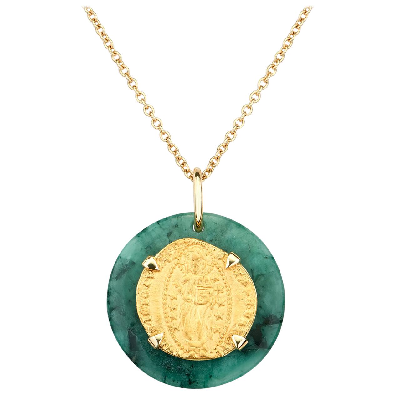 Dubini Ancient Venetian Ducat Coin Emerald Medallion 18 Karat Gold Necklace For Sale