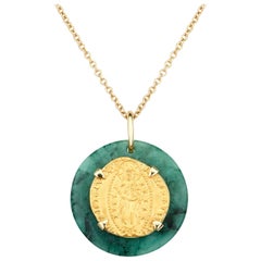 Dubini Ancient Venetian Ducat Coin Emerald Medallion 18 Karat Gold Necklace