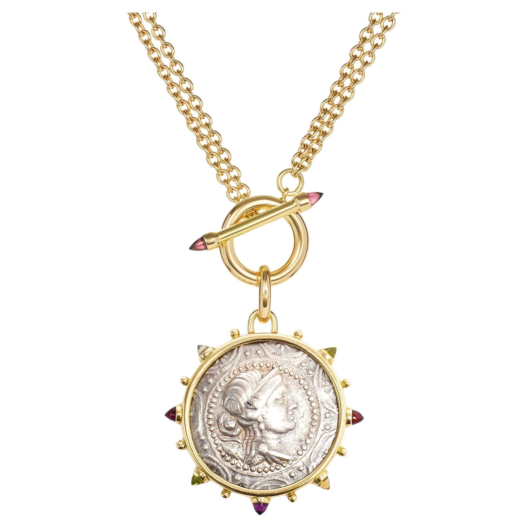 Dubini Artemis Goddess Ancient Silver Coin Medallion Gold Toggle Necklace