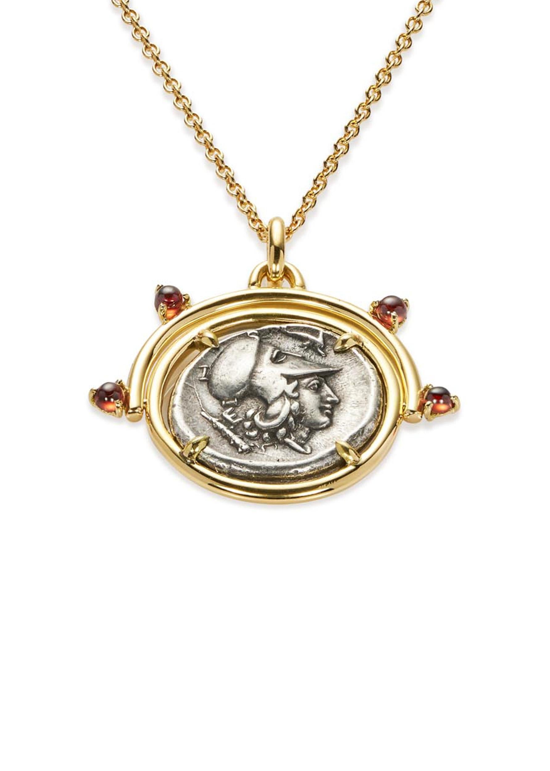 Greco classico Dubini Athena Antica Moneta d'Argento Ciondolo a Ribaltina Granato 18 Collana in Oro Giallo in vendita
