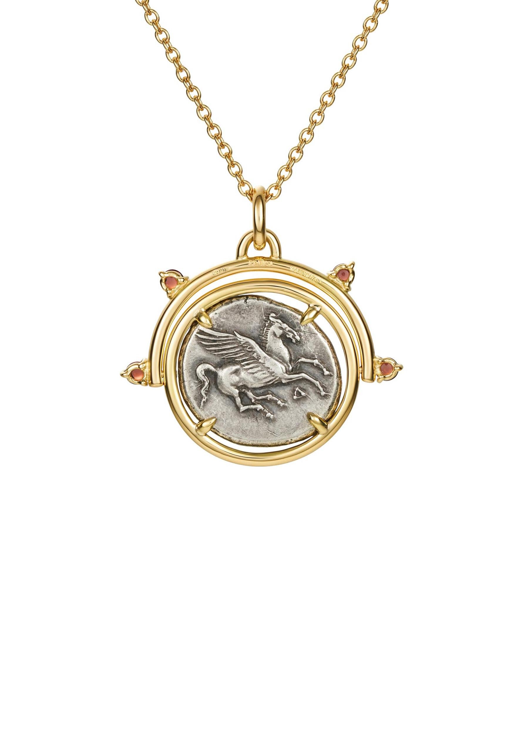 Cabochon Dubini Athena Antica Moneta d'Argento Ciondolo a Ribaltina Granato 18 Collana in Oro Giallo in vendita
