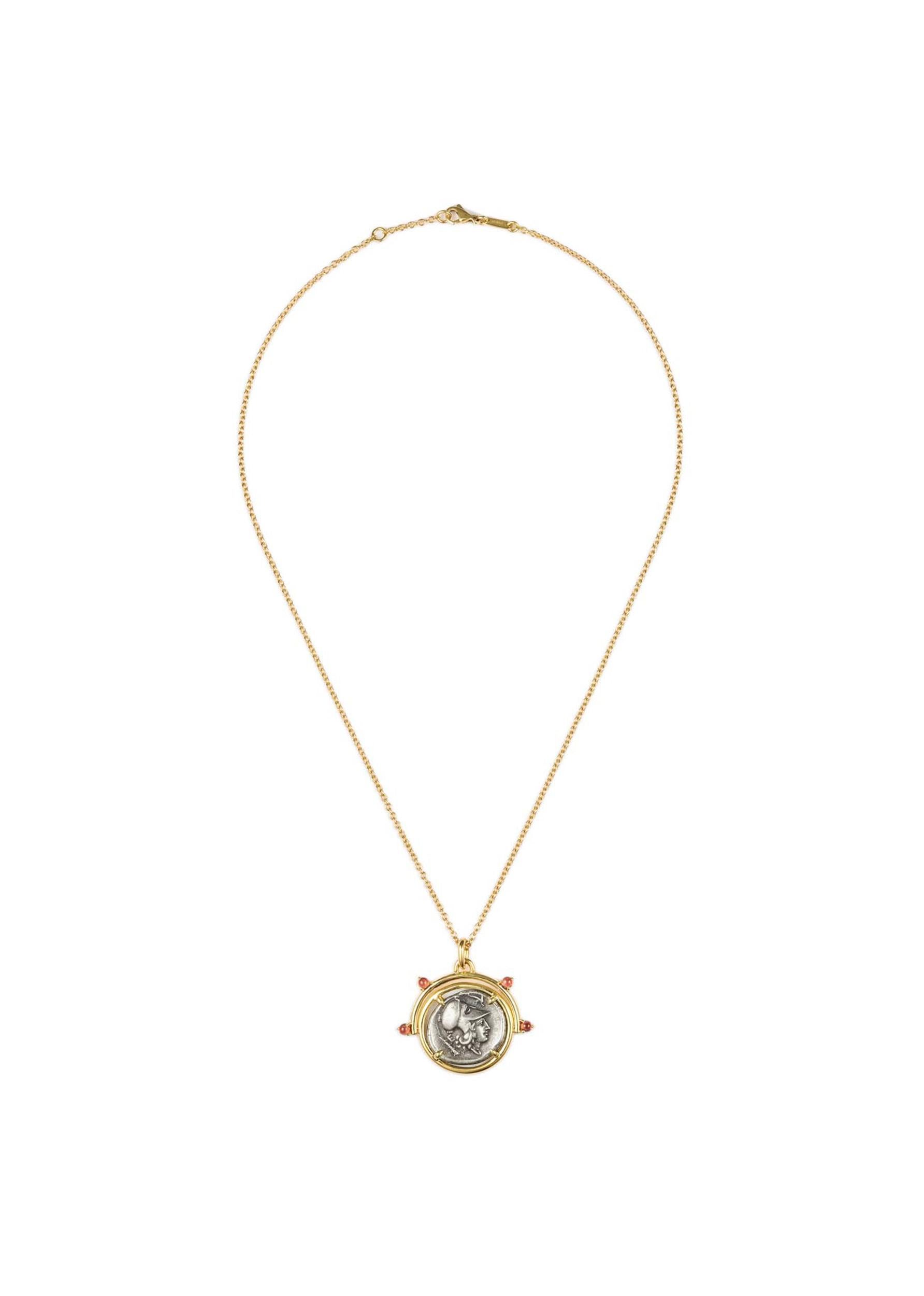 Dubini Athena Antica Moneta d'Argento Ciondolo a Ribaltina Granato 18 Collana in Oro Giallo In condizioni Nuovo in vendita a London, GB