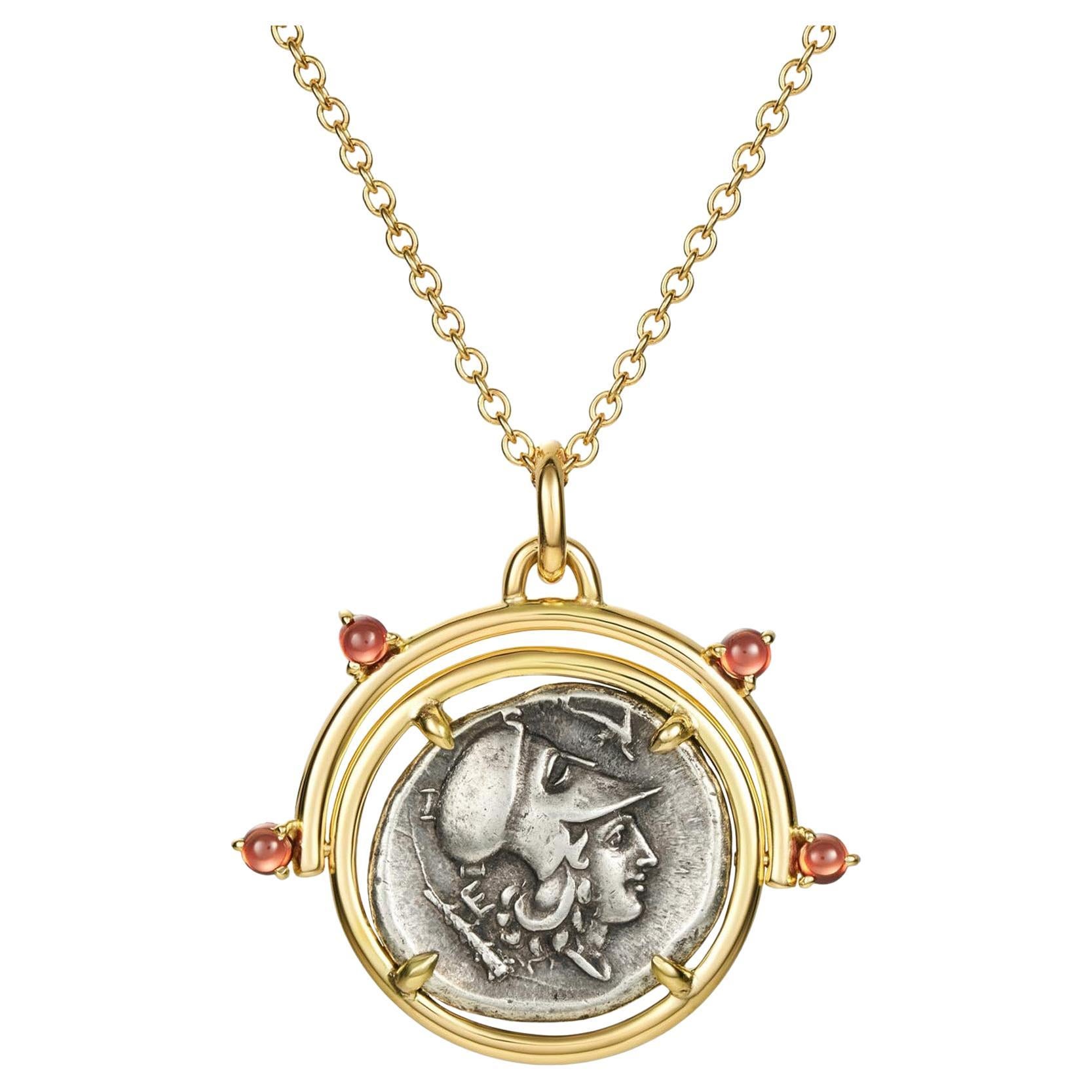Dubini Athena Ancient Silver Coin Flip Pendant Garnet 18 Yellow Gold Necklace