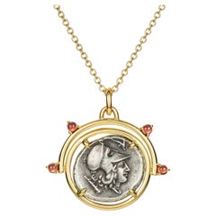 Dubini Athena Ancient Silver Coin Flip Pendant Garnet 18 Yellow Gold Necklace