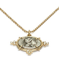 Dubini Athena Ancient Silver Coin Medallion 18 Karat Yellow Gold Necklace