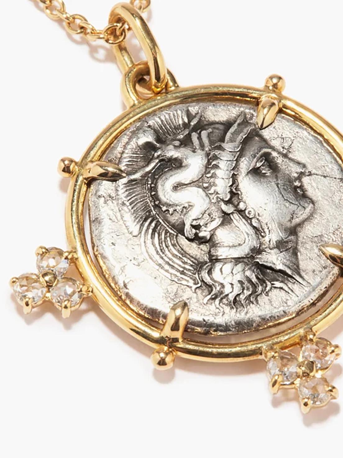 Taille rose Dubini, collier d'Athènes en or jaune 18 carats avec médaillon de pièce de monnaie ancienne en argent en vente