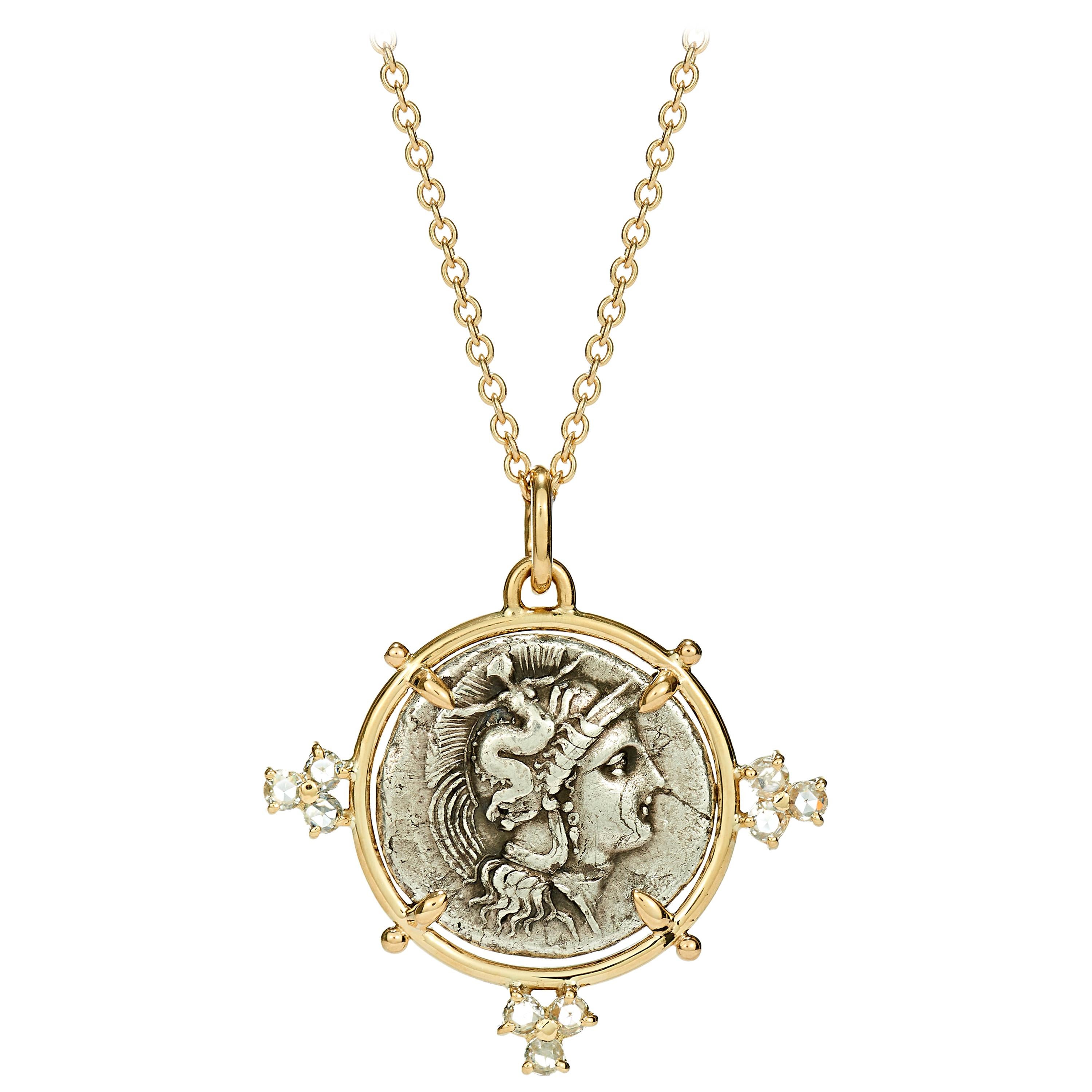 Dubini Athena Ancient Silver Coin Medallion 18 Karat Yellow Gold Necklace