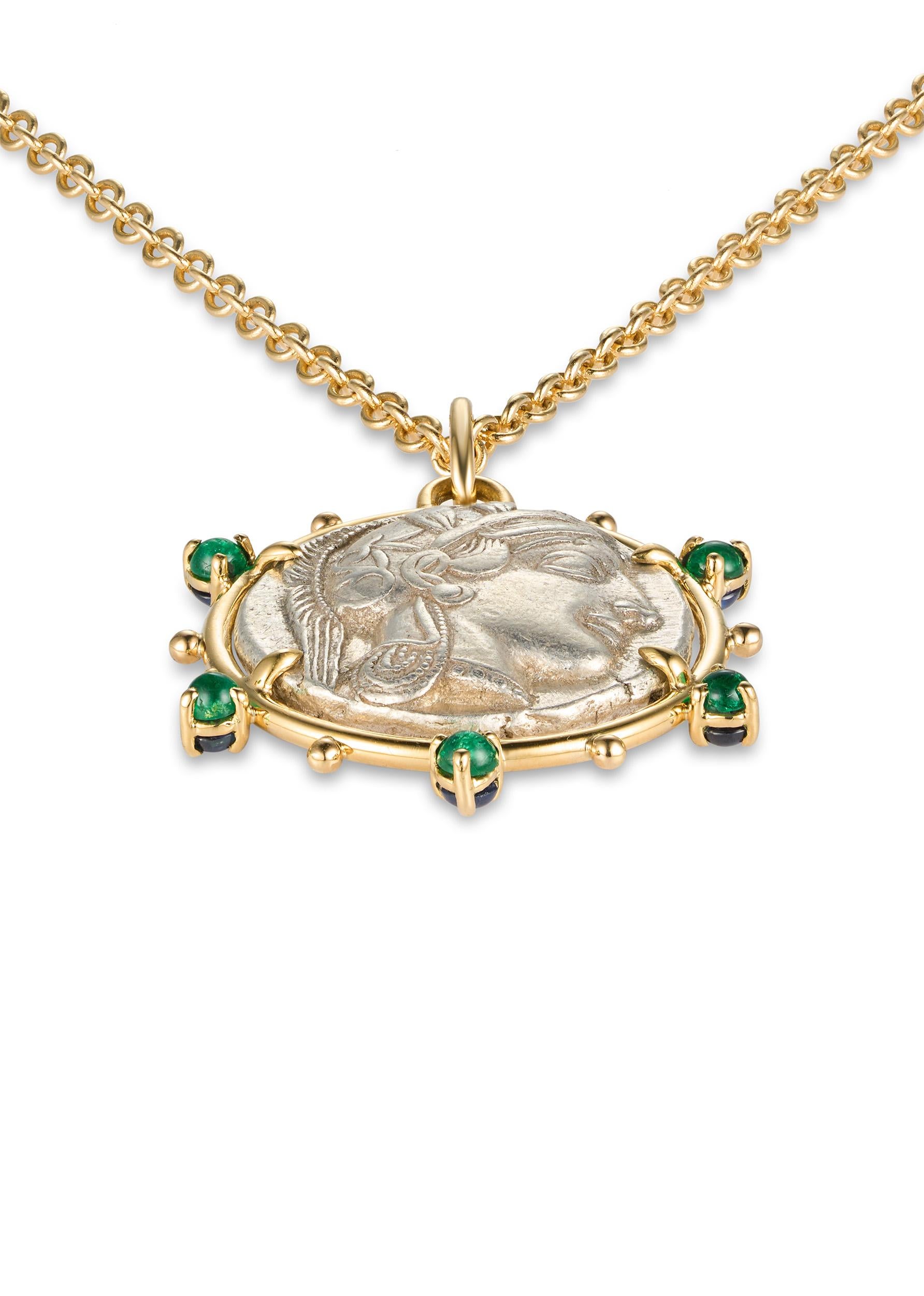 Classical Greek Dubini Athena Ancient Silver Coin Medallion Emerald 18 K Yellow Gold Necklace For Sale