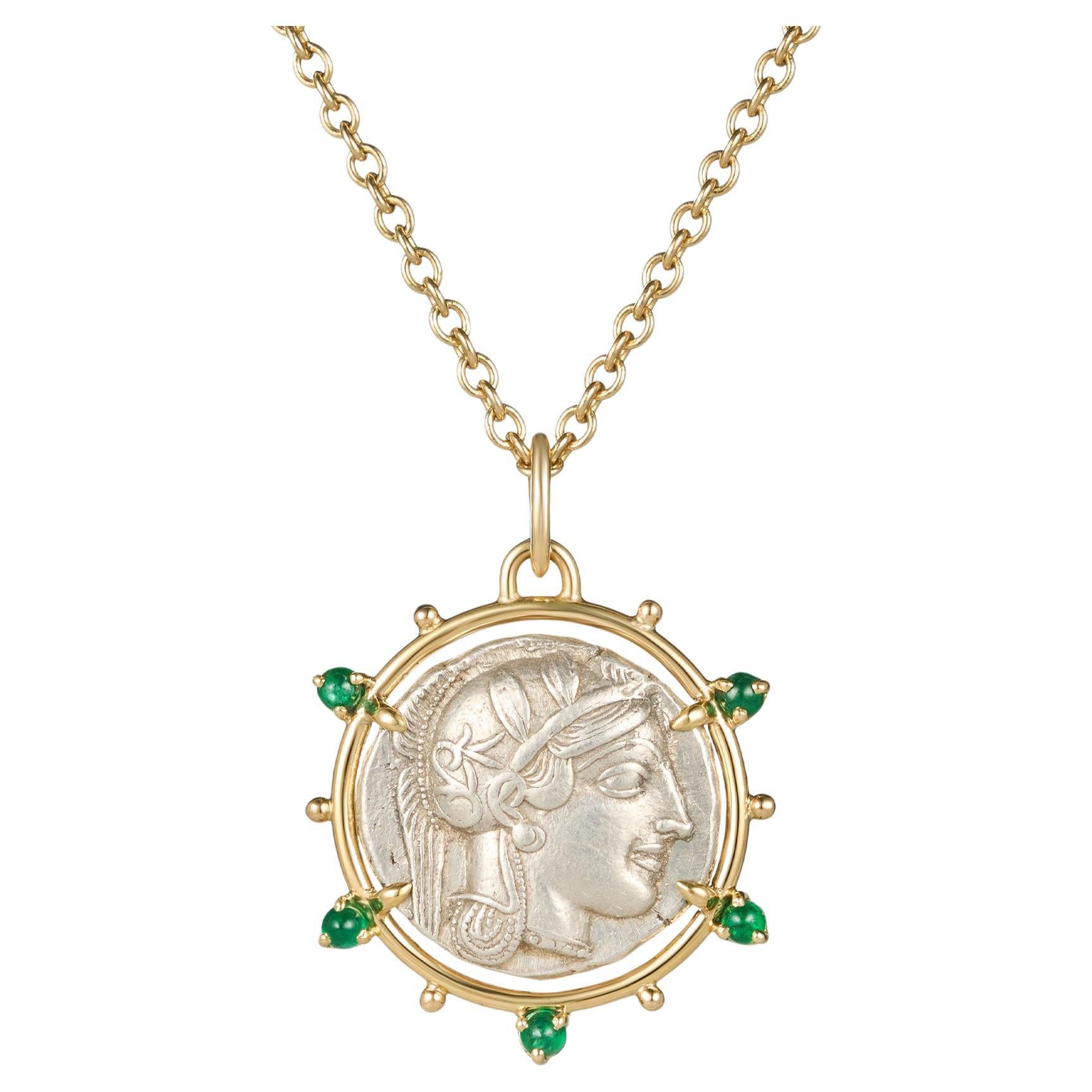 Dubini Atenea Medallón de Moneda Antigua de Plata Esmeralda Collar de Oro Amarillo de 18 K