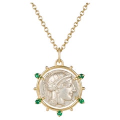 Dubini Atenea Medallón de Moneda Antigua de Plata Esmeralda Collar de Oro Amarillo de 18 K