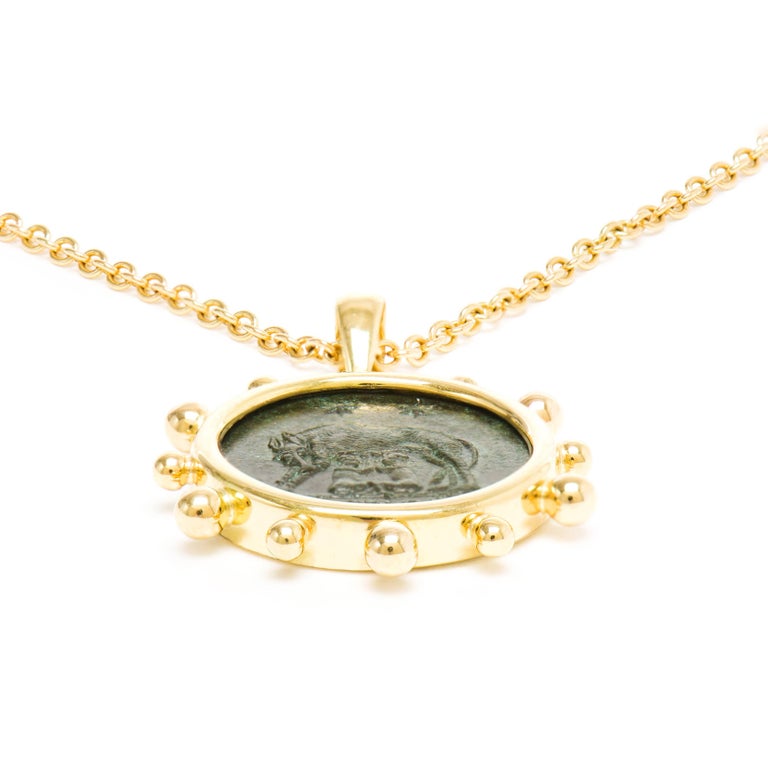 Classical Roman Dubini Capitoline-Wolf Ancient Bronze Coin Gold Necklace For Sale