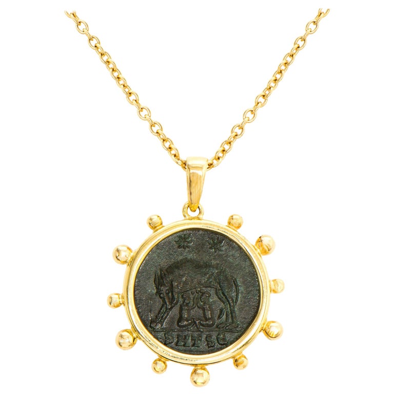 Dubini Capitoline-Wolf Ancient Bronze Coin Gold Necklace For Sale