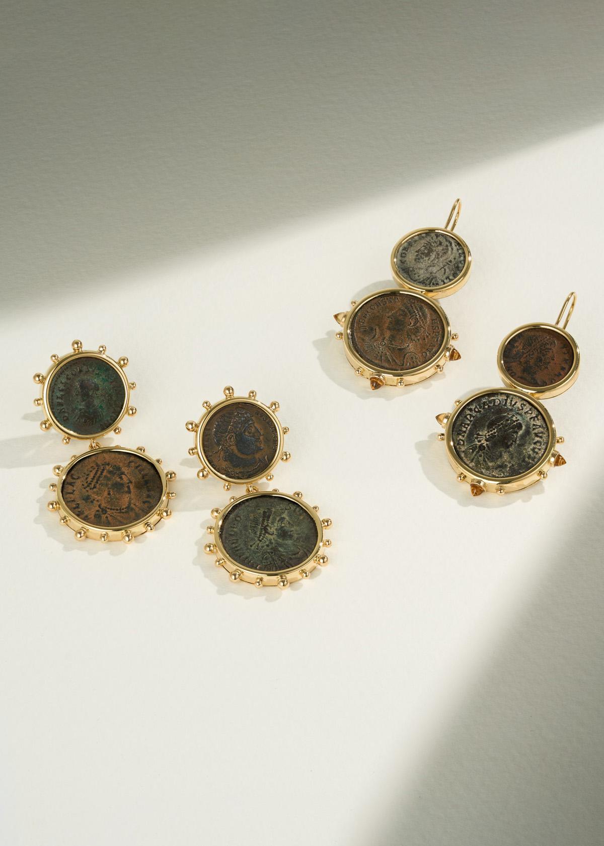 Classical Roman Dubini Constantine Ancient Bronze Coin Citrine 18 Karat Yellow Gold Earrings For Sale