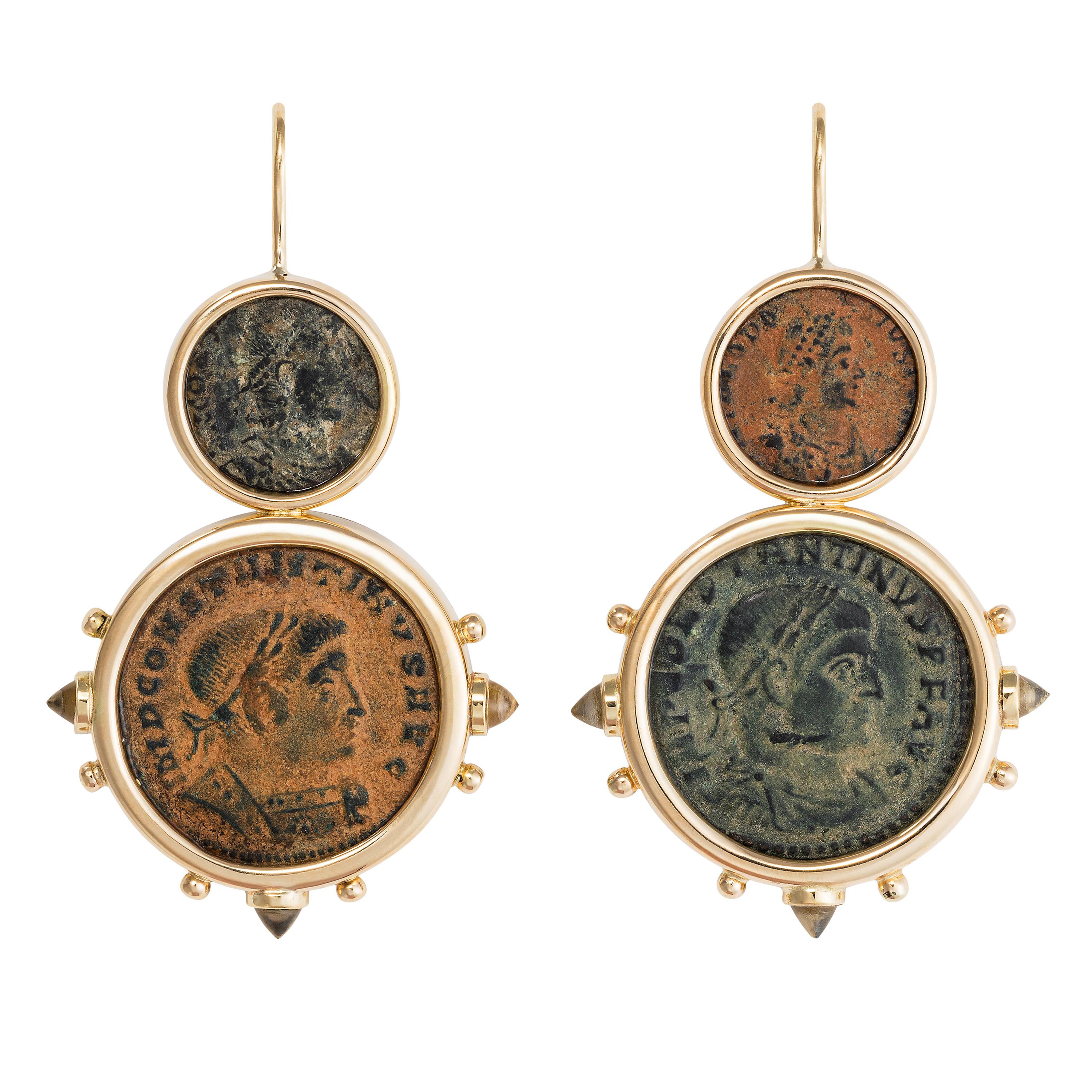 Dubini Constantine Ancient Bronze Coin Citrine 18 Karat Yellow Gold Earrings For Sale