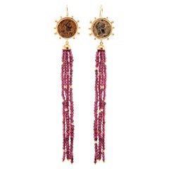 Dubini Constantine Ancient Bronze Coin Garnet Tassel 18 Karat Gold Earrings