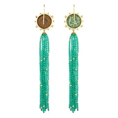 Dubini Constantine Ancient Bronze Coin Green Agate Tassel 18K Gold Earrings