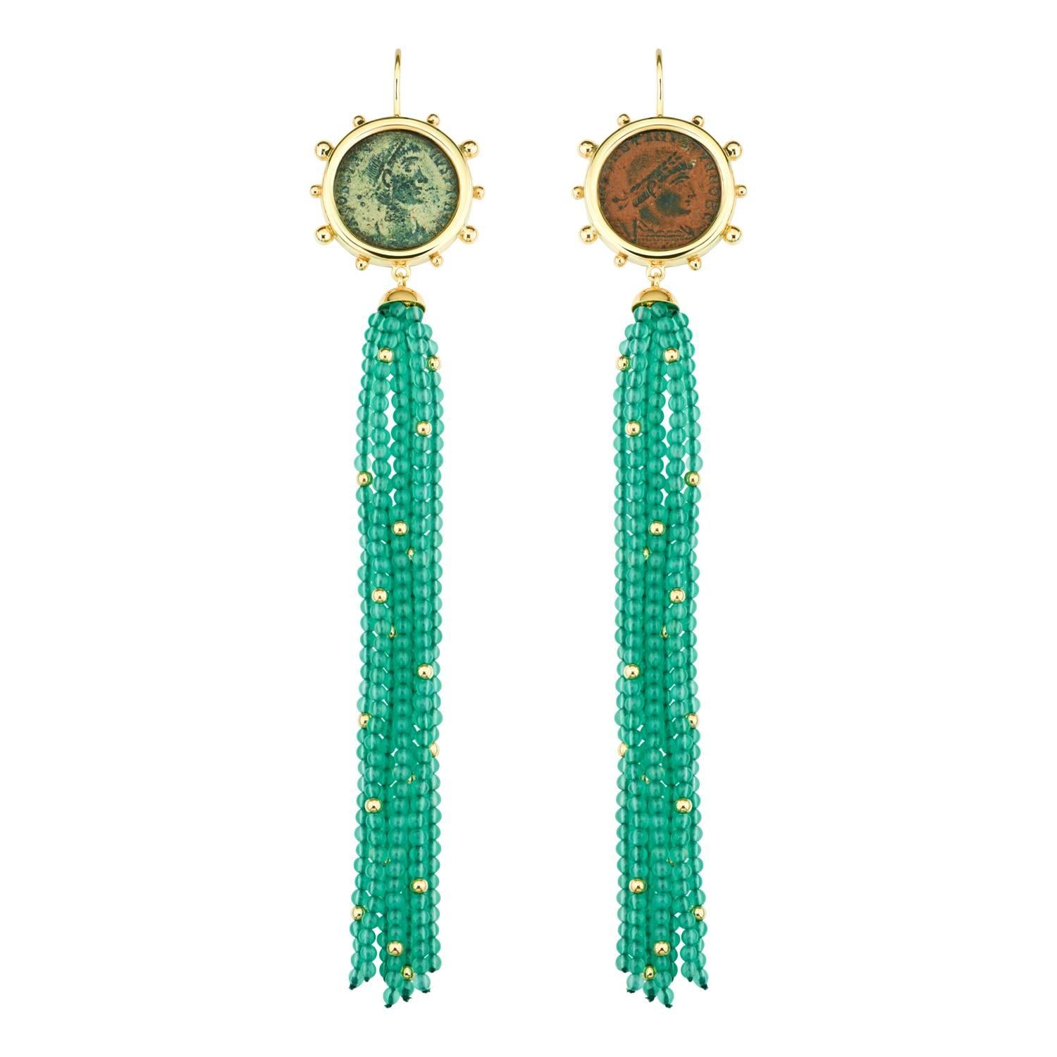 Dubini Constantine Ancient Bronze Coin Green Agate Tassel 18K Gold Earrings For Sale