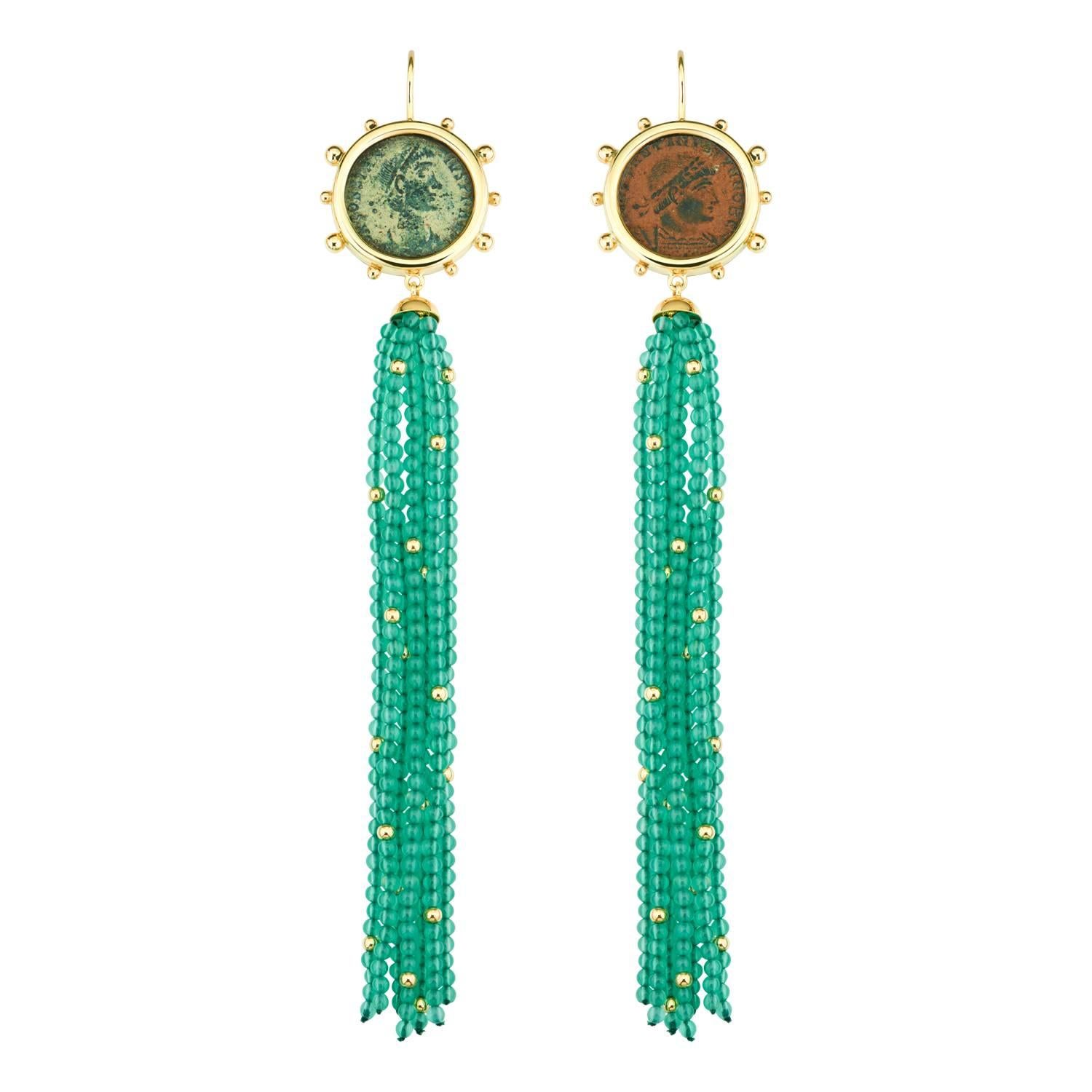 Pendientes Dubini Constantine Antigua Moneda de Bronce Borla de Ágata Verde Oro de 18 quilates