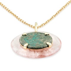 Dubini Constantine Ancient Bronze Coin Rose Quartz Medallion 18K Gold Necklace