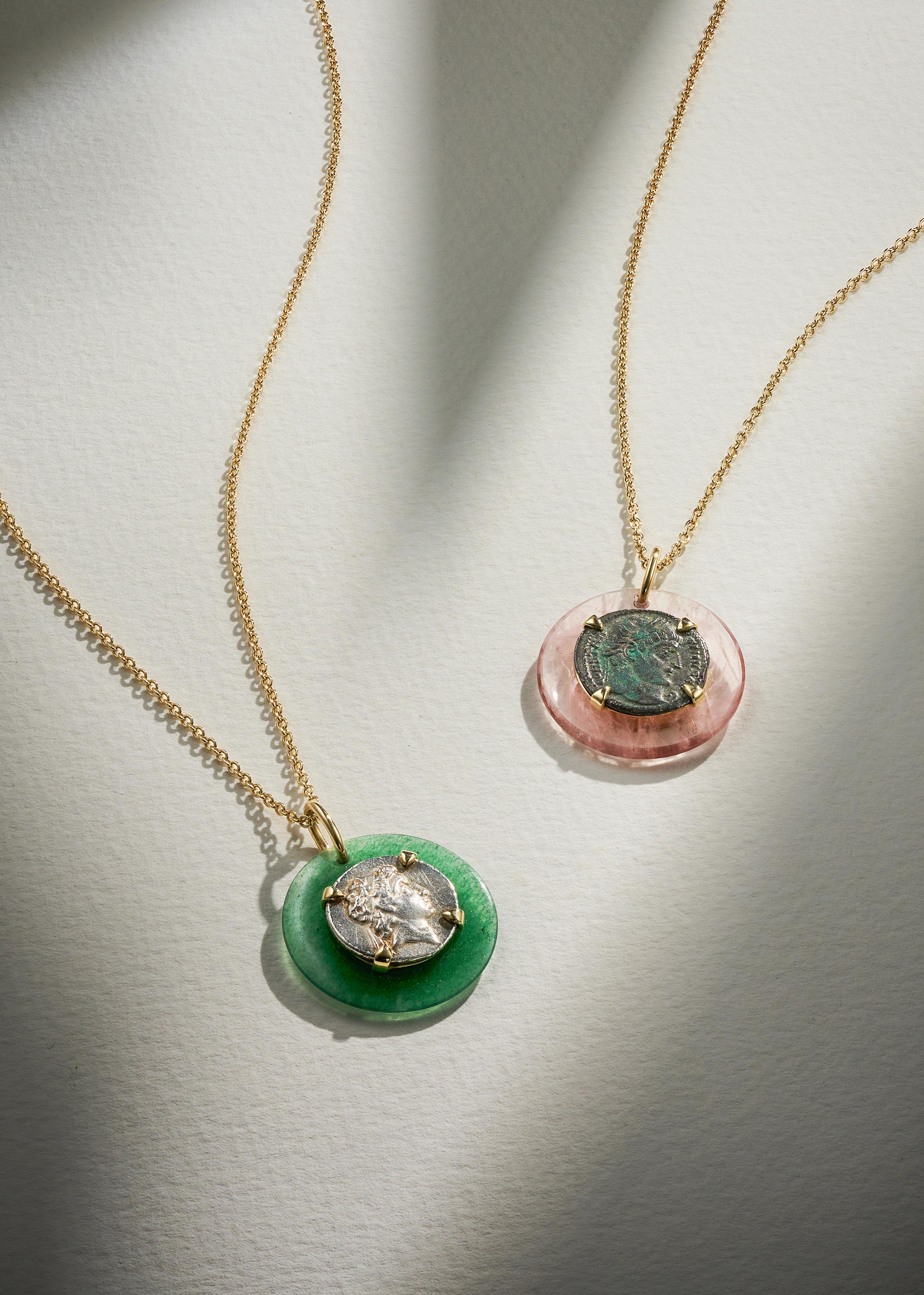 Round Cut Dubini Constantine Ancient Bronze Coin Rose Quartz Medallion 18K Gold Necklace For Sale