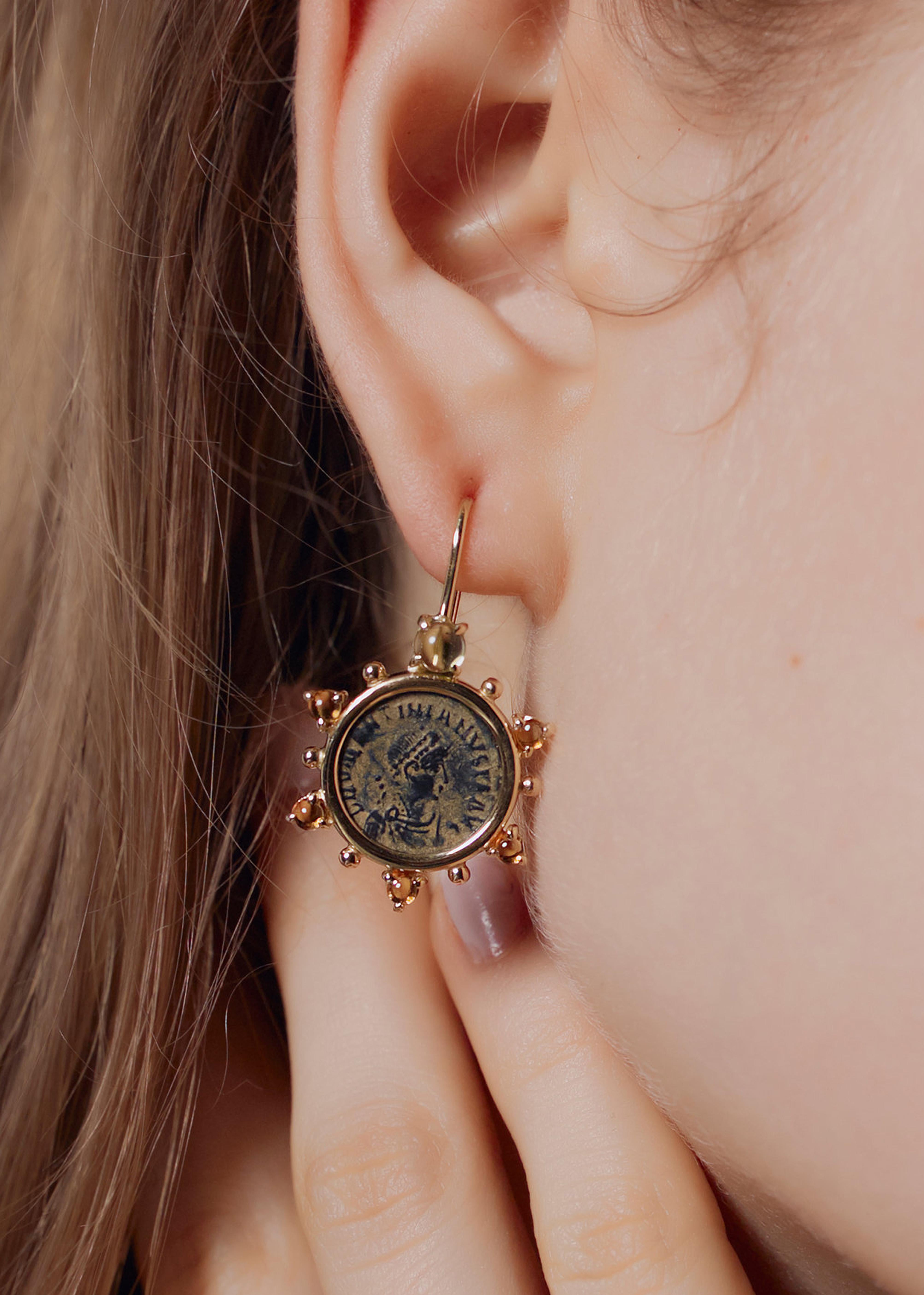 Classical Roman Dubini Constantine Roman Ancient Bronze Coin Peridot Citrine 18K Gold Earrings For Sale