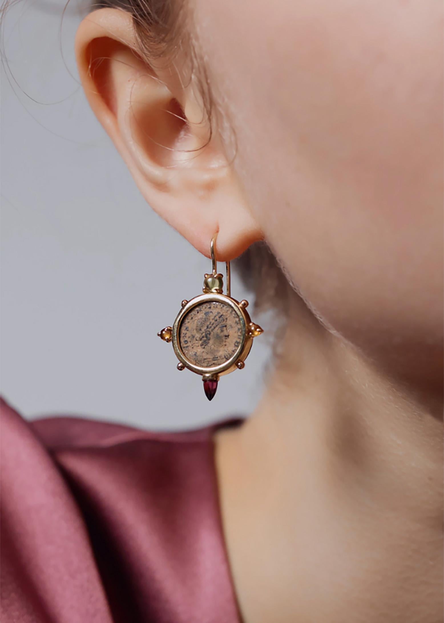 Cabochon Dubini Constantine Roman Ancient Bronze Coin Peridot Citrine 18K Gold Earrings For Sale
