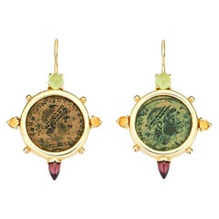 Dubini Constantine Roman Ancient Bronze Coin Peridot Citrine 18K Gold Earrings