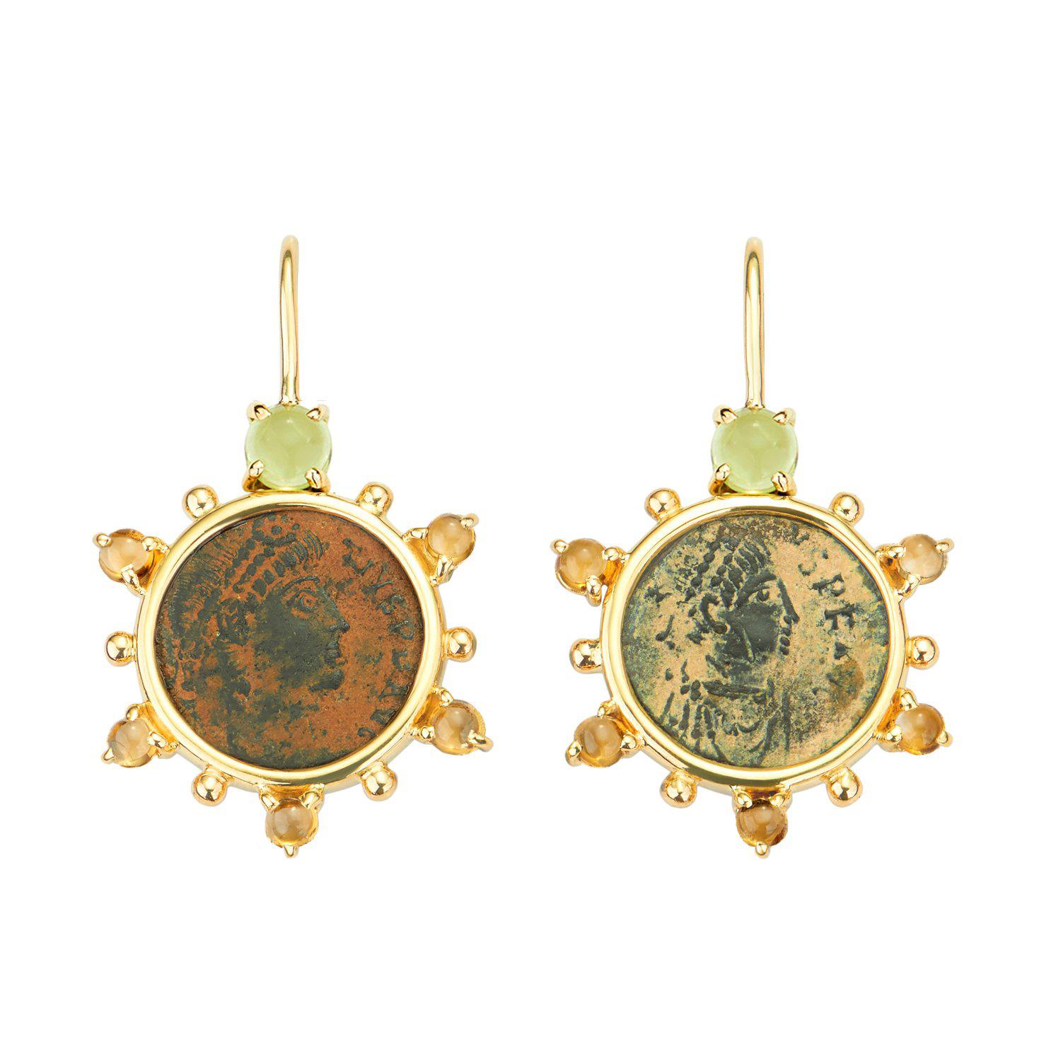 Dubini Constantine römische antike Bronze Münze Peridot Citrin 18K Gold Ohrringe