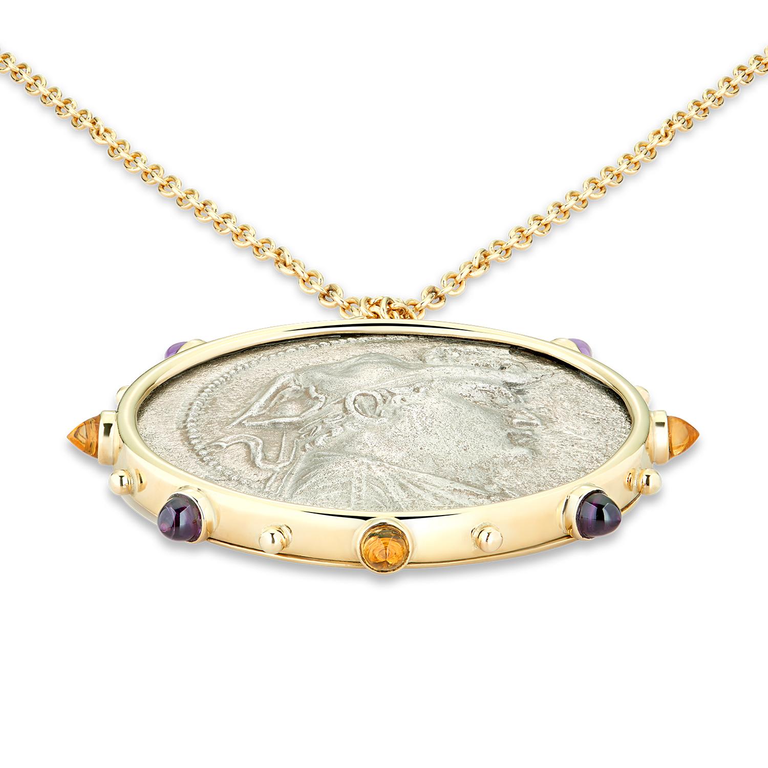 Dubini Demetrios I Antike Silbermünze Medaillon Amethyst Citrin Gold Halskette (Zeitgenössisch) im Angebot