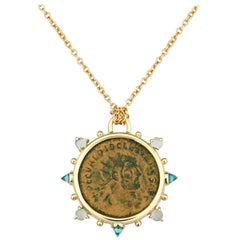 Dubini Diocletian Ancient Bronze Coin Medallion Topaz Moonstone 18 Gold Necklace