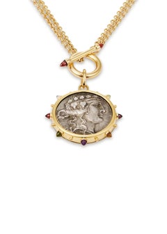 Dubini Dionysus God Ancient Silver Coin Medallion 18K Gold Toggle Necklace