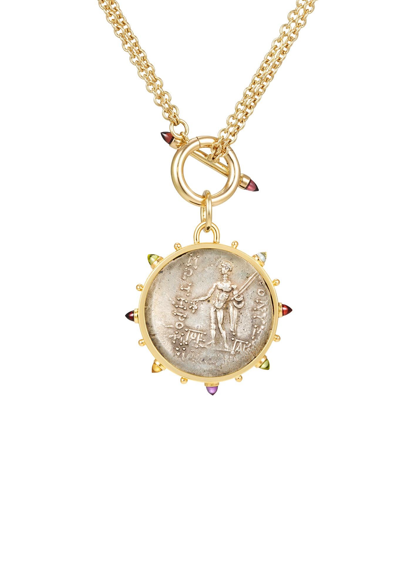 Classical Greek Dubini Dionysus God Ancient Silver Coin Medallion 18K Gold Toggle Necklace For Sale