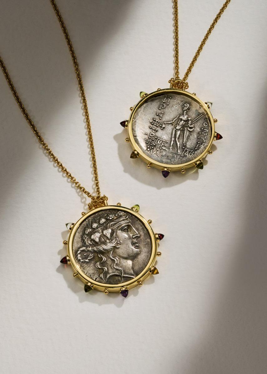 Cabochon Dubini Dionysus God Ancient Silver Coin Medallion 18K Gold Toggle Necklace For Sale