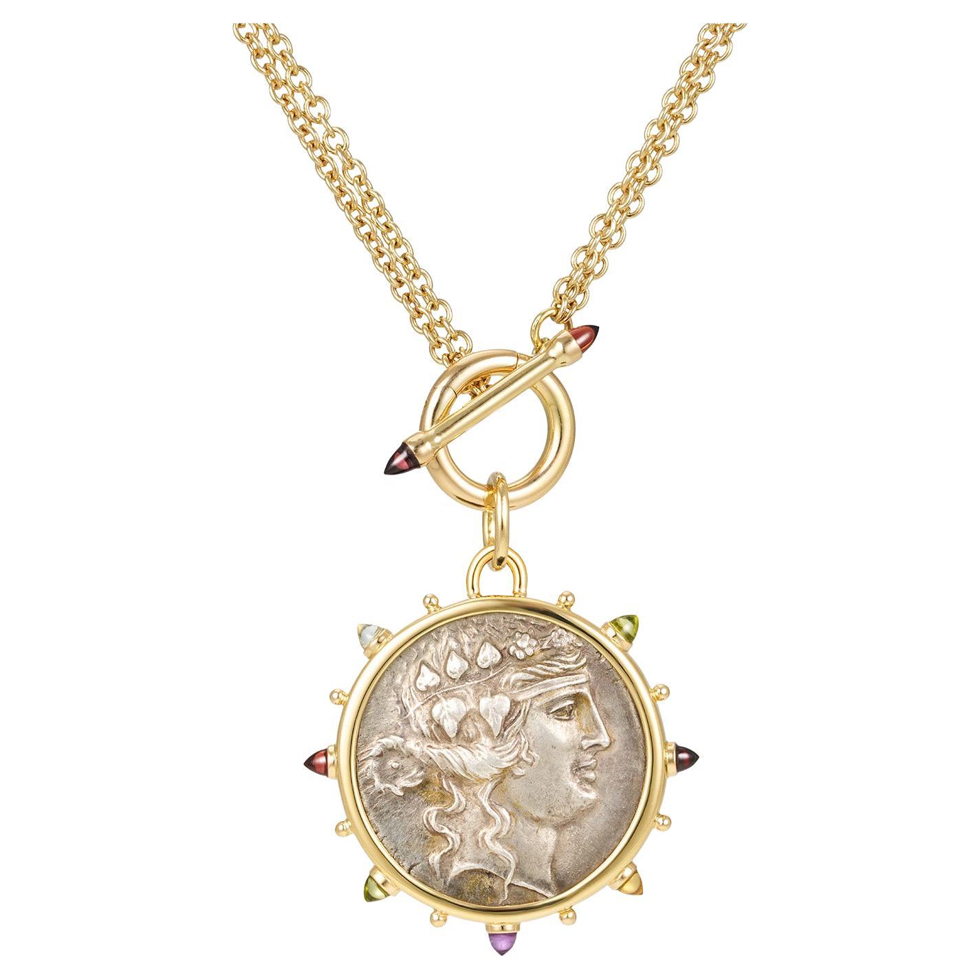 Dubini Dionysus God Ancient Silver Coin Medallion 18K Gold Toggle Necklace