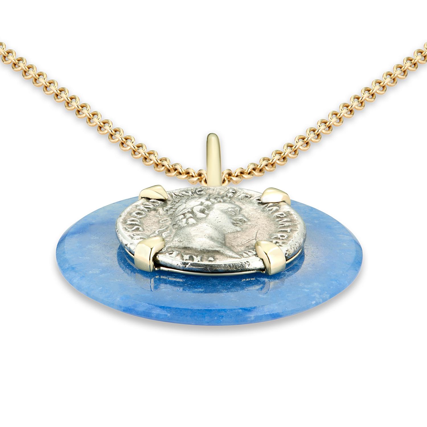 Classical Roman Dubini Domitian Ancient Silver Coin Blue Quartz Medallion 18K Gold Necklace For Sale