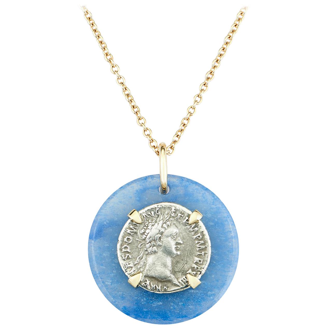 Dubini Domitian Ancient Silver Coin Blue Quartz Medallion 18K Gold Necklace